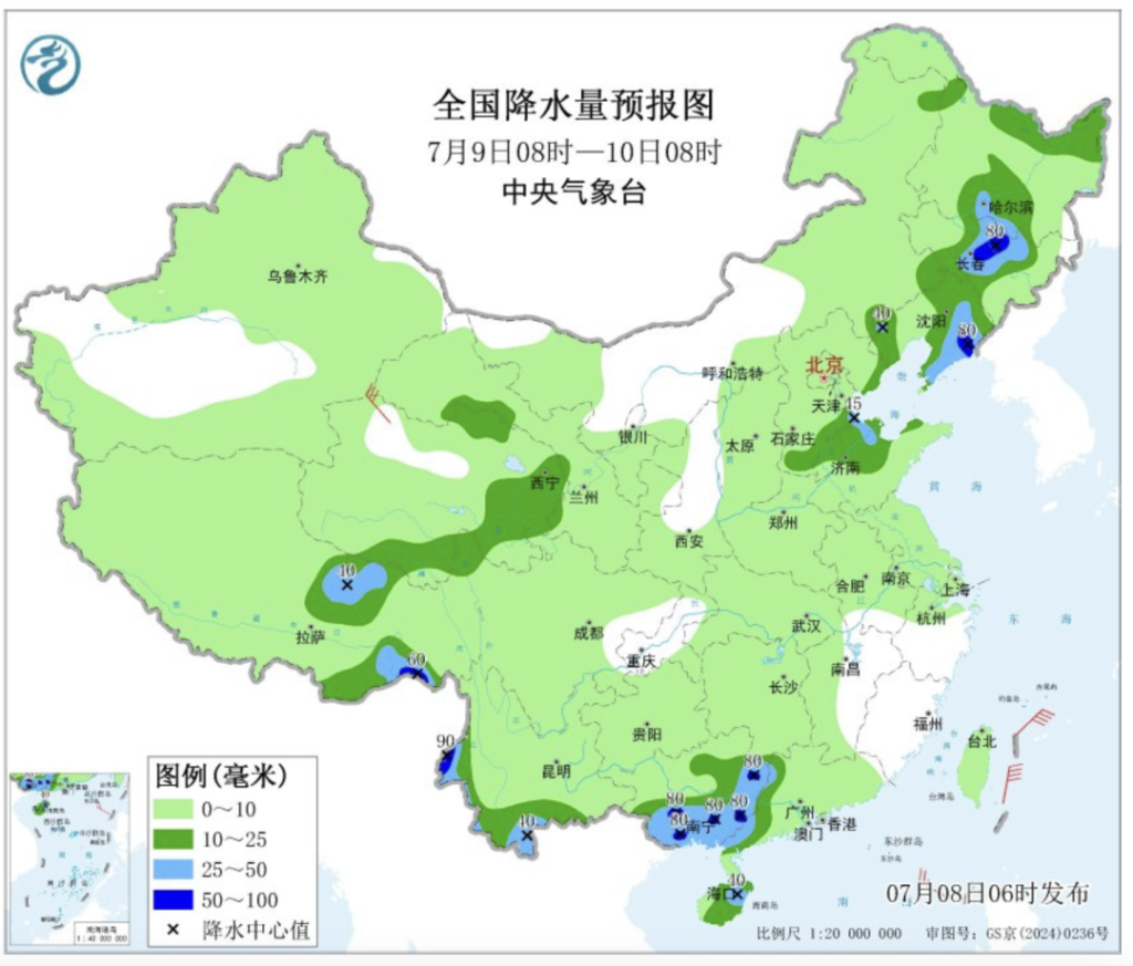 7月9日-10日全国降水量预报。中国天气网 图