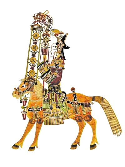 皮影 骑马持“风调雨顺”灯笼仪仗侍女 清