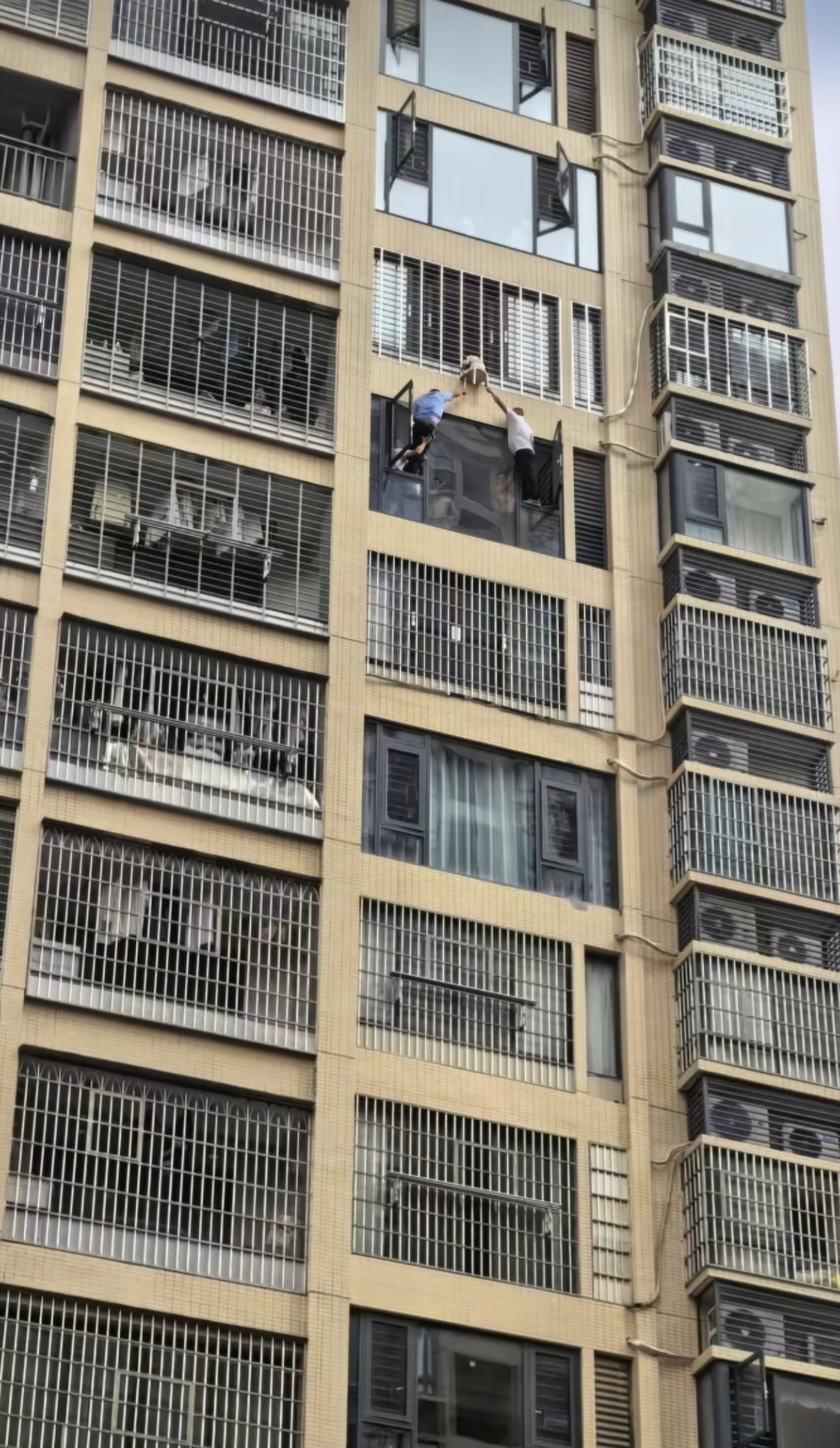 幼童头被卡在防盗网上,身体悬空(图源:网友发布的现场视频截图)