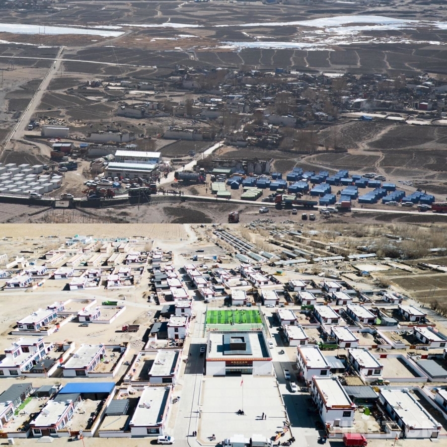 图为西藏定日地震受灾最严重的村庄之一定日县长所乡森嘎村。（拼版图片，上图摄于2025年1月11日，下图摄于2026年1月5日）摄影：赵振宇