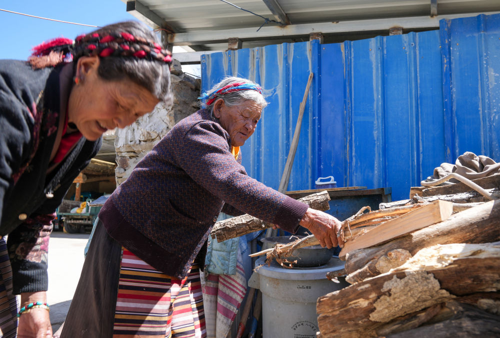 次仁桑姆(右)和女儿在整理家里的木材堆(3月26日摄)。