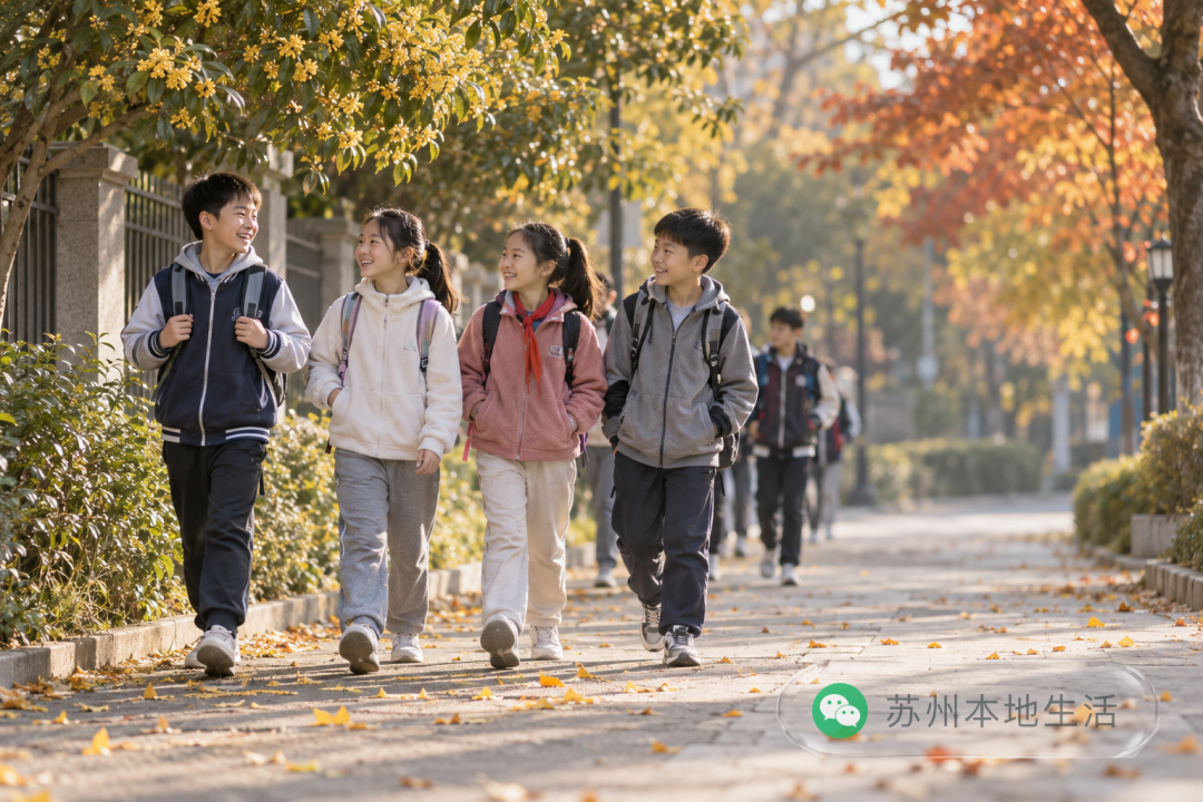 苏州江南秋景中,背着书包的中小学生沿校园外的林荫步道轻快前行,桂花与金黄树叶营造出舒缓的假日氛围。