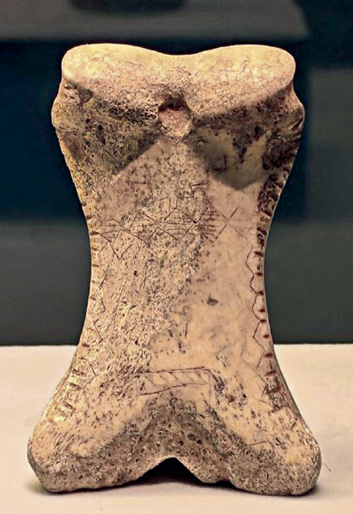 哈萨克斯坦北部波泰遗址出土的第1节马趾骨,上面刻画有几何纹饰。野马最早在这里得到驯化