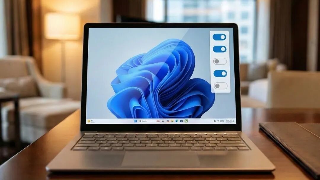 Microsoft Surface Laptop 放在酒店桌上，屏幕上有模拟手机风格的开关