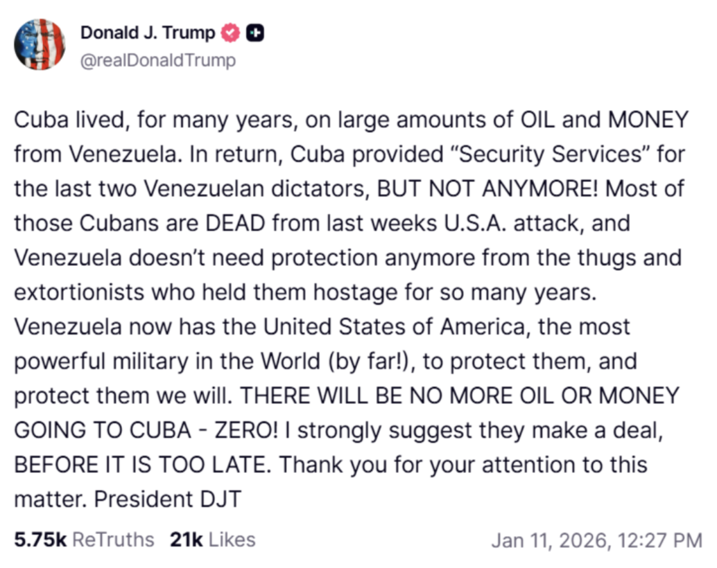 在美国与拉美国家关系日益紧张之际,特朗普警告古巴,趁现在还来得及,赶紧与美国达成协议。他还声称国务卿马可·卢比奥出任“古巴总统”的想法听起来不错。图源:X