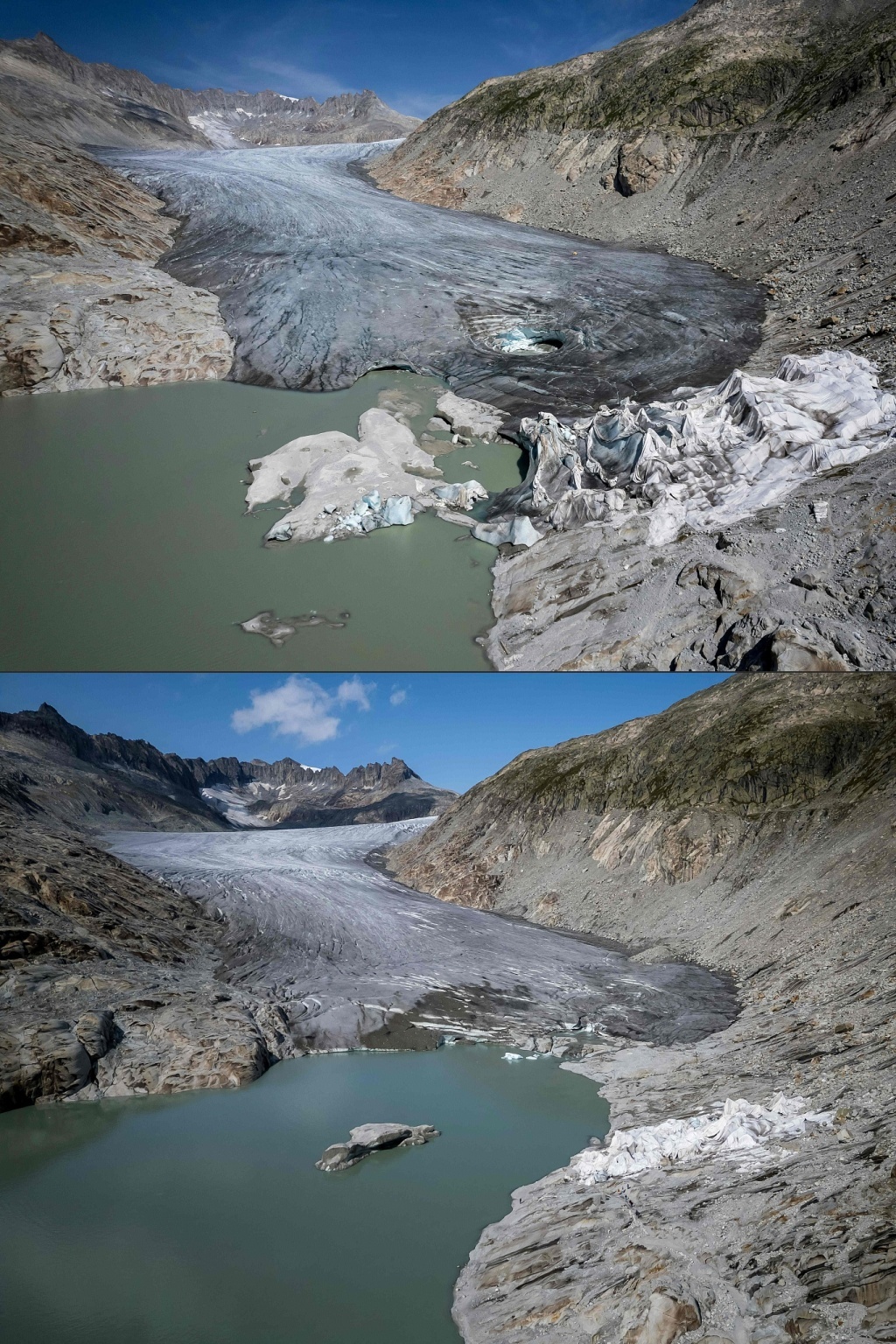 当地时间2025年9月30日，瑞士阿尔卑斯山格莱奇，这张组合照片显示了2023年8月24日在罗纳冰川上空拍摄的航拍图（上），图中的冰川被绝缘泡沫覆盖，以防止其融化；以及2025年9月12日在罗纳冰川上空拍摄的航拍图（下），图中的罗纳冰川底部正在融化并汇入冰川湖。一项研究警告称，瑞士的冰川受到气候变化的影响尤为严重，在过去十年中，已经减少了四分之一。瑞士冰川监测网络（GLAMOS）表示，2025年瑞士的冰川融化量再次“巨大”，接近2022年创下的纪录。视觉中国 图