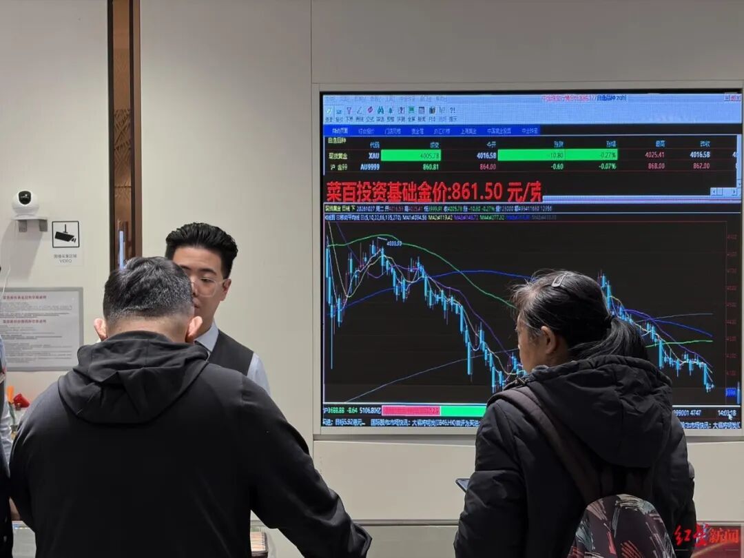 ▲商场四层的大屏幕上,显示着黄金的实时价格