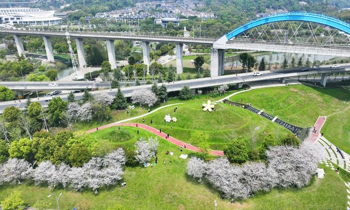2025年4月，游客在浙江省台州市路桥区路北街道一处“口袋公园”游玩赏春（无人机照片）。新华社发（蒋有青摄）