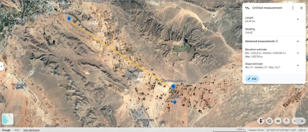 F-15E的坠机地点距离美军救援飞机残骸分布的地点不足30公里。