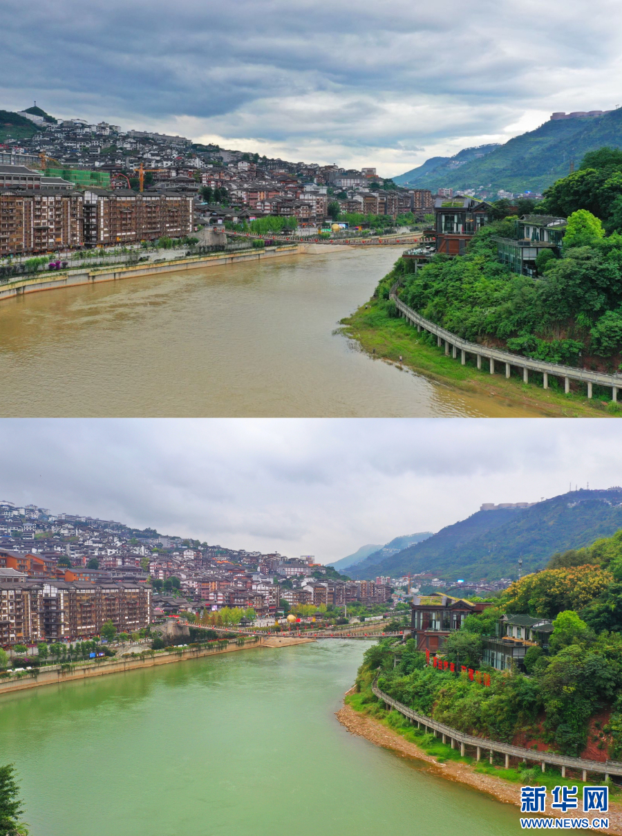赤水河丰水期含沙量高、水色赤黄,故名赤水河,这是赤水河同一河段不同季节的河水对比(上图摄于5月,下图摄于10月)。新华网 卢志佳 摄。