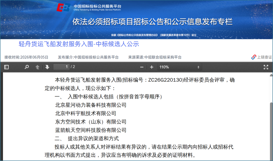 轻舟飞船发射招标公示,四家商业火箭入围