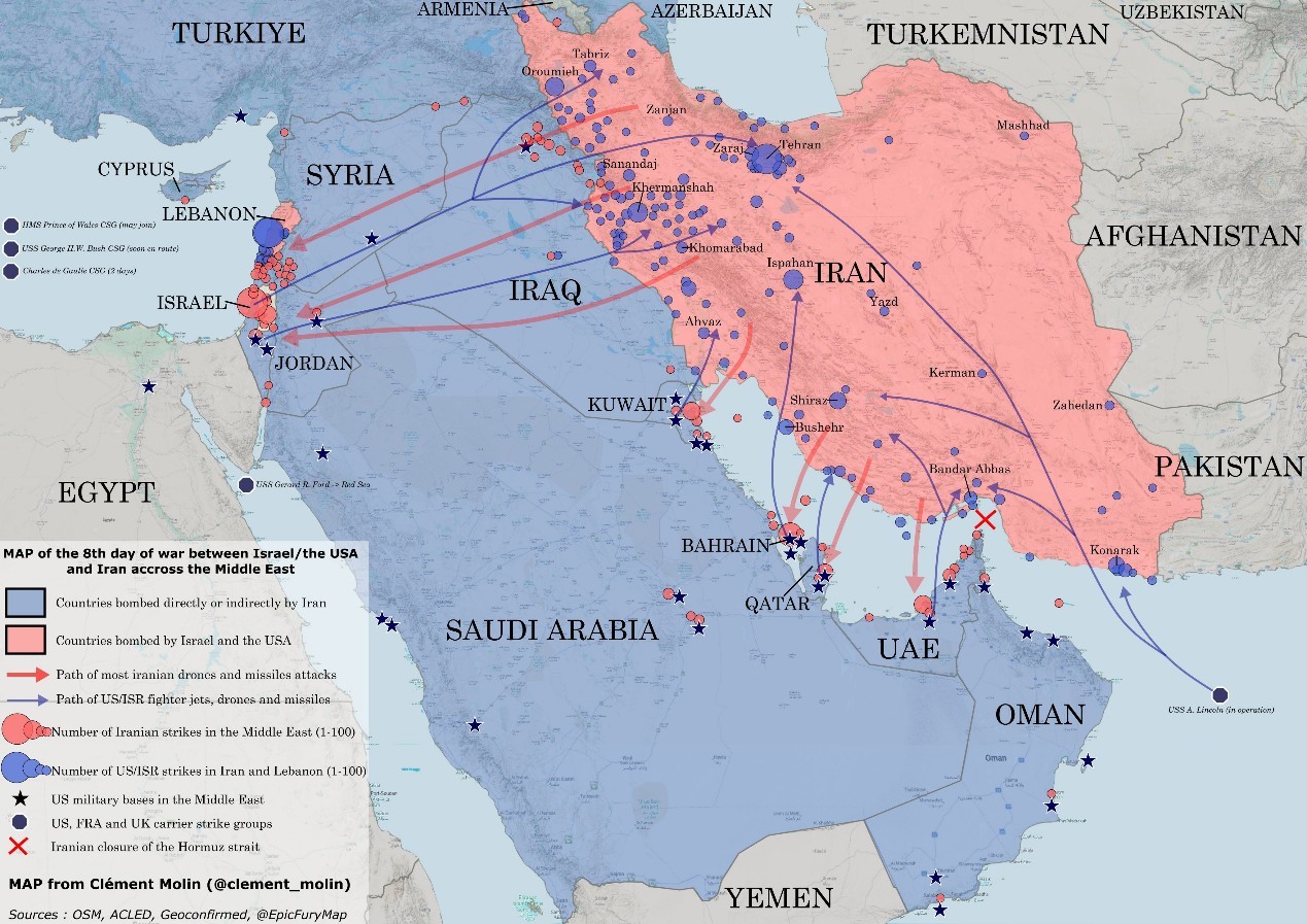 本轮好意思以伊战斗两边打击暗示图,不错看到阿联酋卡塔尔少目力成为了伊朗攻击的蓄意