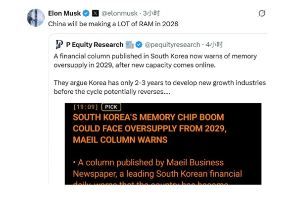 马斯克：中国2028年将大量生产RAM 韩国需培育新产业