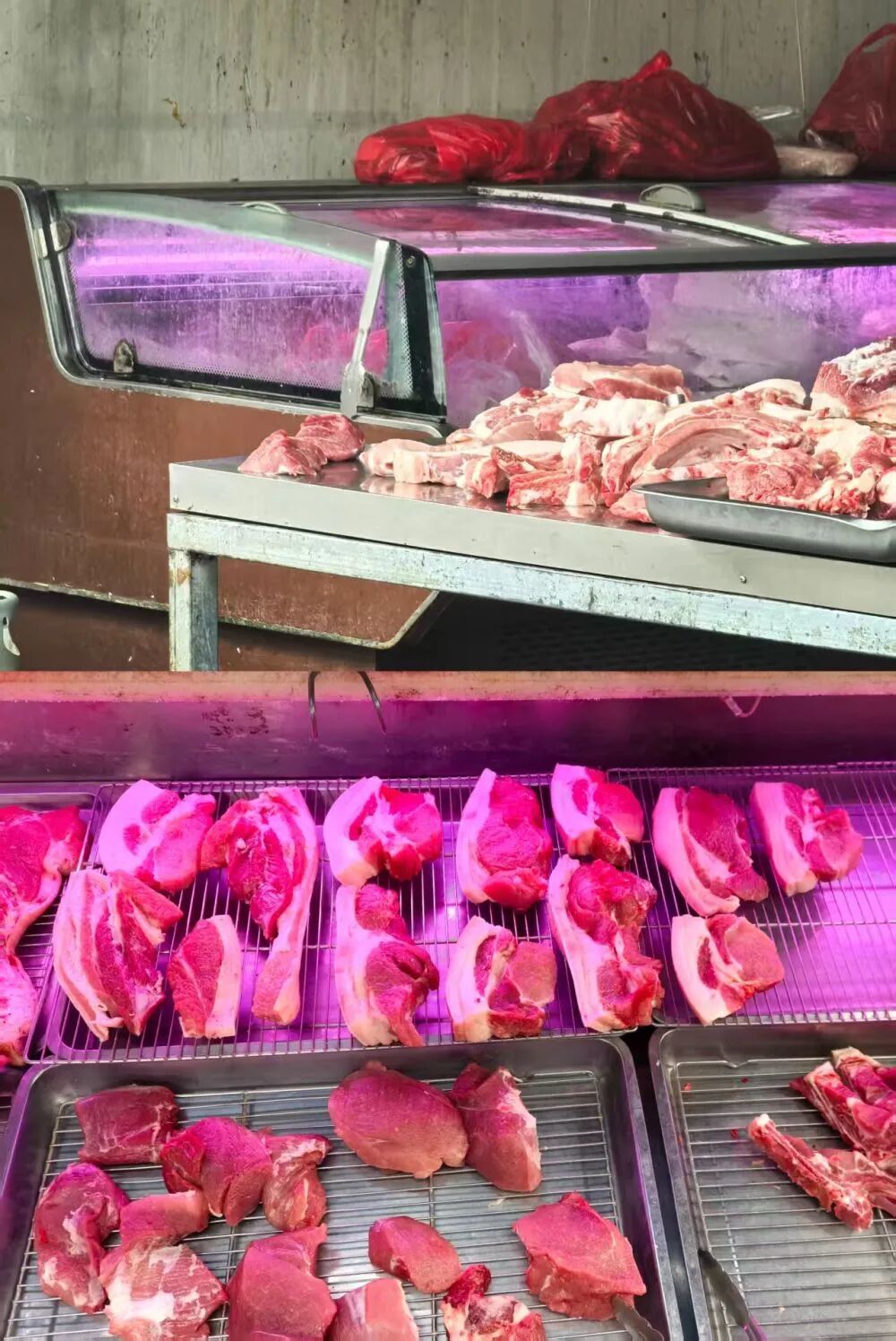 广西昭平县某临街肉铺仍在使用“生鲜灯”。(新华社记者 王楚然 摄)