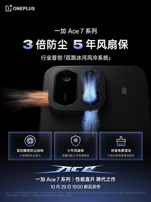 首创双路冰河风冷系统!一加Ace 7系列提供终身风扇免费清洁保养