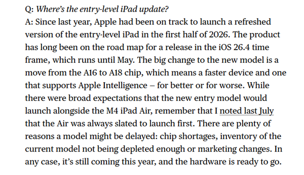苹果最便宜平板要来了!iPad 12上半年发布:升级A18芯片 支持AI