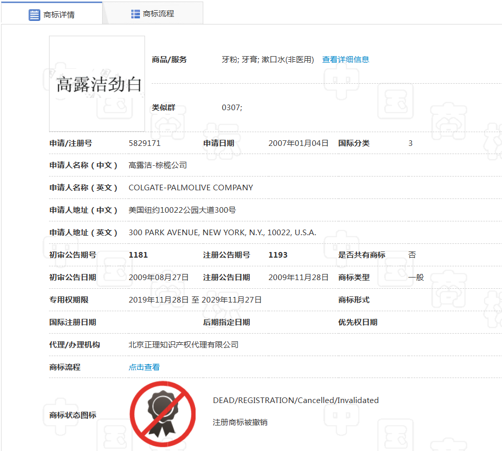 ▲“高露洁劲白”商标被宣告无效。 国度学问产权局商标局网站截图