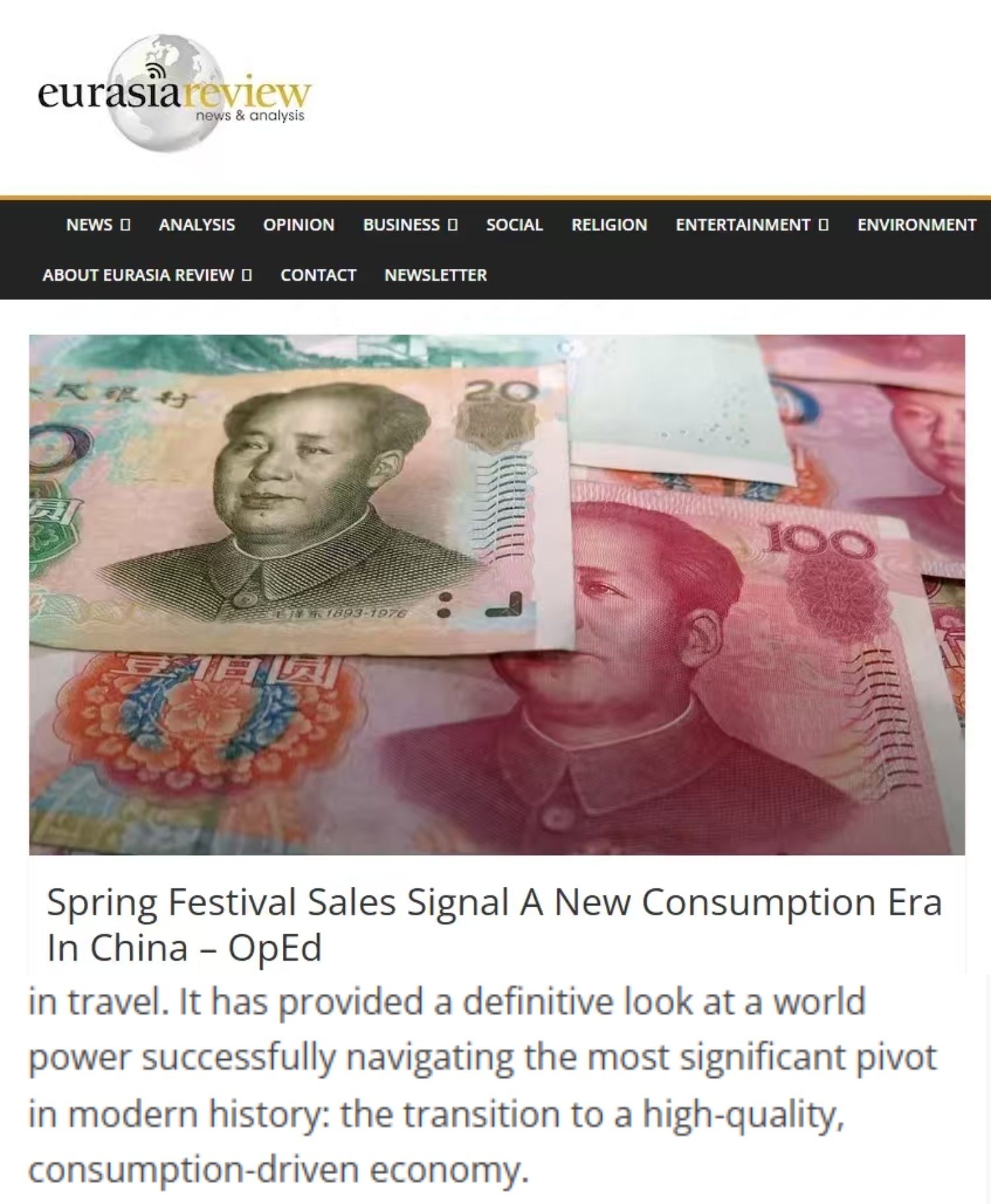 美国《欧亚评论》网站报道截图