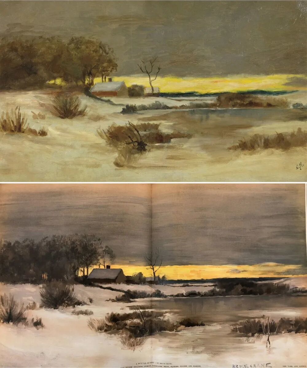 A composite image of two paintings, both of which depict a snowy landscape, with a tree and a cabin.