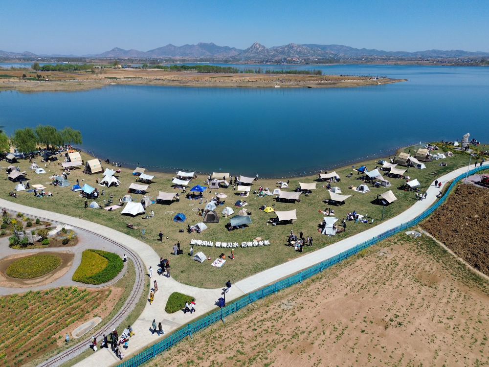 4月4日,游客在山东省滕州市龙阳镇“龙湖月色”省级乡村振兴齐鲁样板片区内露营休闲。新华社记者朱峥 摄