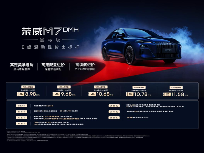 8.98万起 荣威M7黑马版高定长续航混动家轿