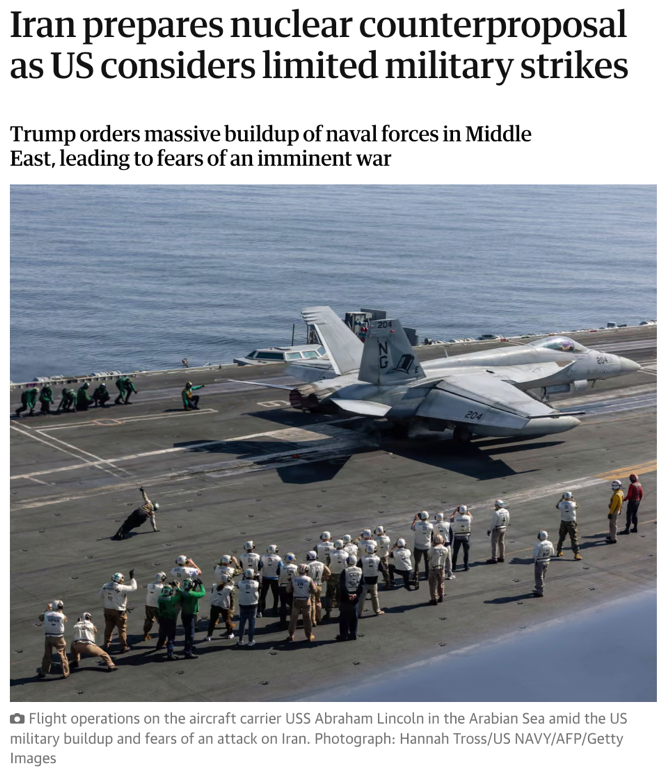 △《卫报》报道,特朗普称正在考虑对伊实施有限军事打击