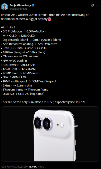 iPhone Air 2细节曝光:薄至5.2mm,加镜头还能塞更大电池