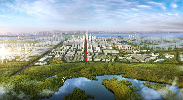 江北核心区效果图，图中红线标注为定山大街位置 （来源：江北新区）