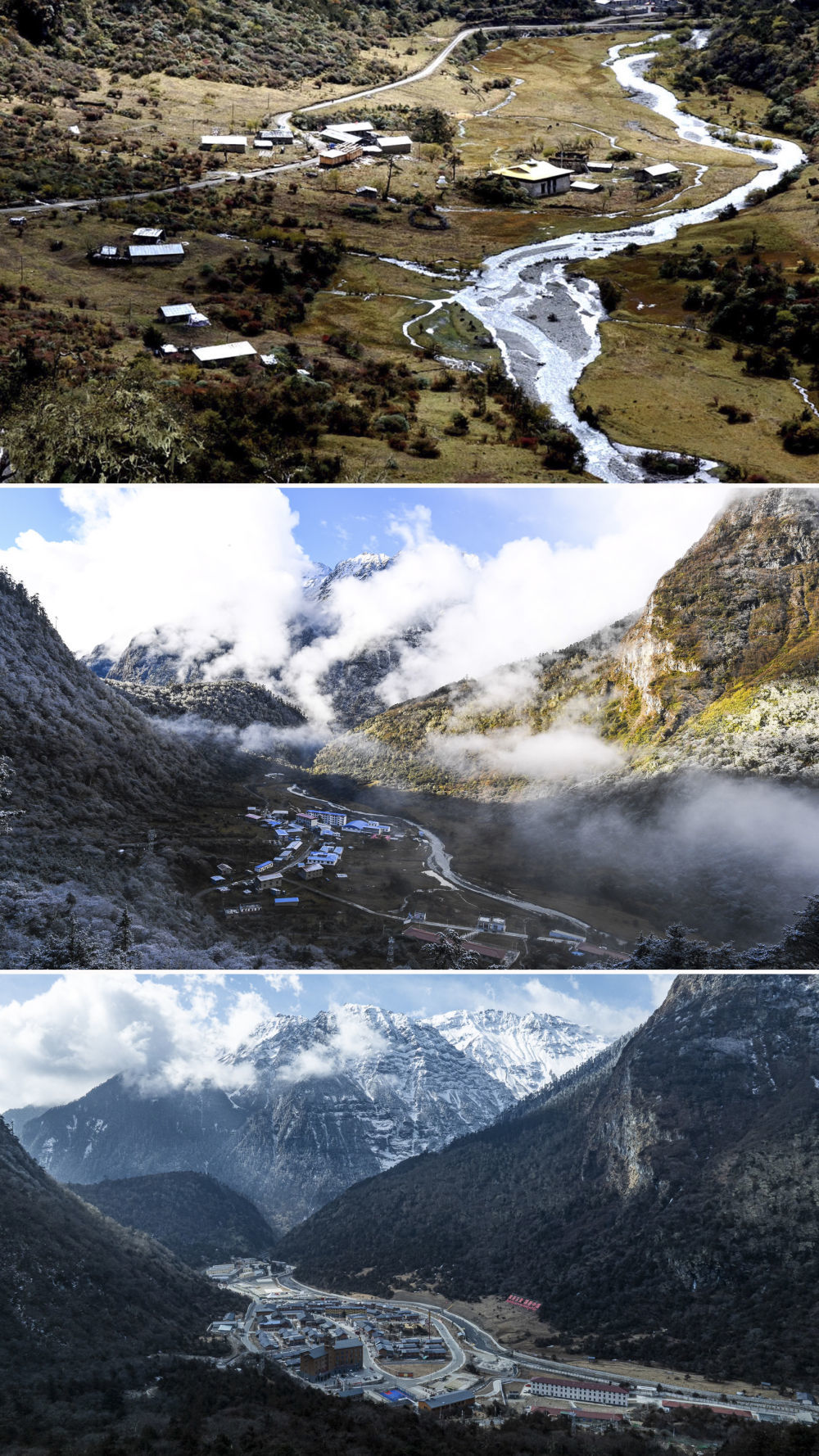 拼版照片：上图是2003年10月26日拍摄的玉麦乡（新华社记者索朗罗布摄）；中图是2017年10月31日拍摄的玉麦乡（新华社记者普布扎西摄）；下图是2026年2月5日拍摄的玉麦乡（无人机照片，新华社记者 丁增尼达 摄）。