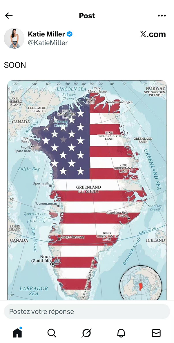 美国国土安全顾问史蒂芬·米勒的妻子在X上发布了一篇推文,展示美国国旗覆盖下的格陵兰岛,并配文全大写的“快了”(SOON)。