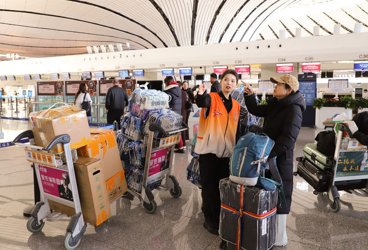 2月2日，安检志愿者在北京大兴国际机场协助旅客进行宠物托运。新华社发（王贺 摄）