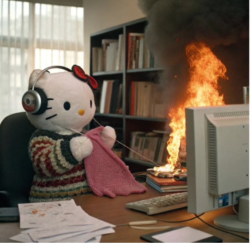 网友制作的钩针meme:“世界纷纷扰扰,我自钩钩针针。”(图/小红书网友@你在干嘛呀)