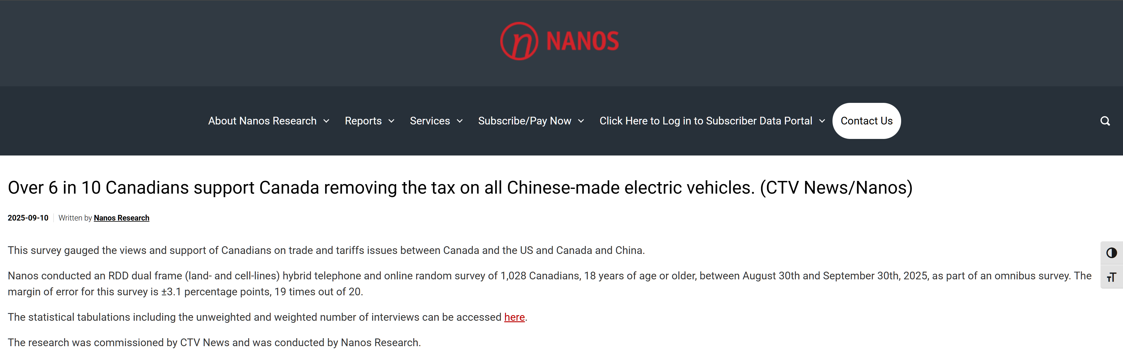 Nanos Research和CTV电视新闻网联合实施的民调结果