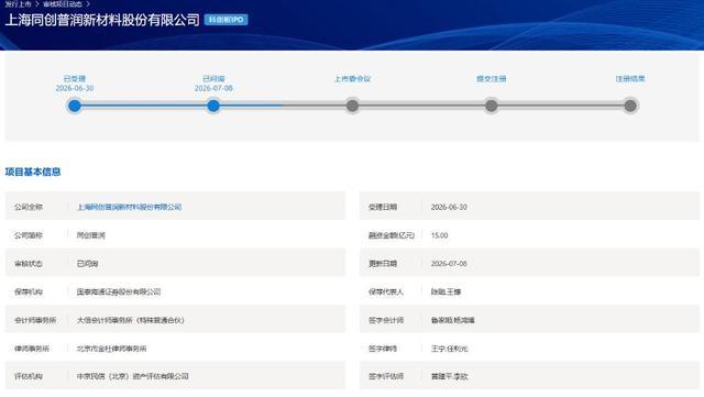 上交所公示同创普润科创板IPO审核项目信息