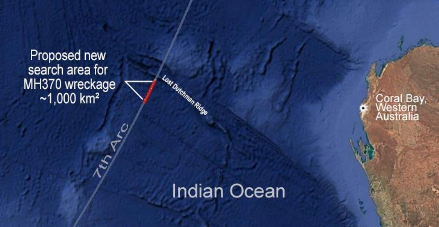 ▲美国企业家兰迪·罗尔斯顿提出的MH370的新搜索区域是沿“第七条弧线”,位于南纬约23°-24°之间,面积约1000平方公里的区域