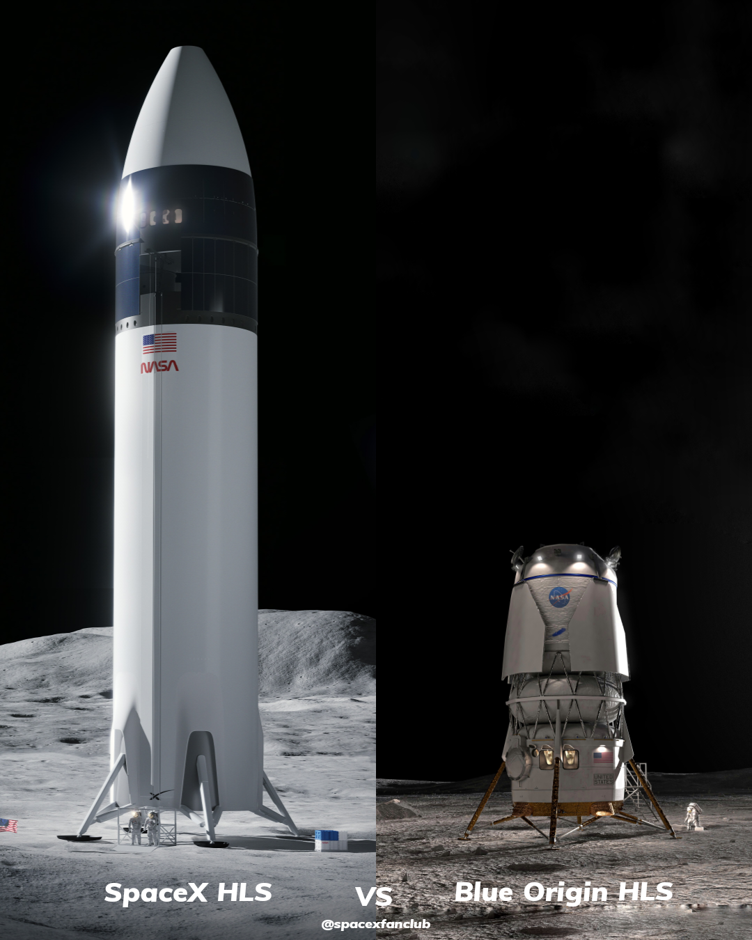 星舰(左)和蓝月亮MK2(右)载人登月舱对比 | NASA