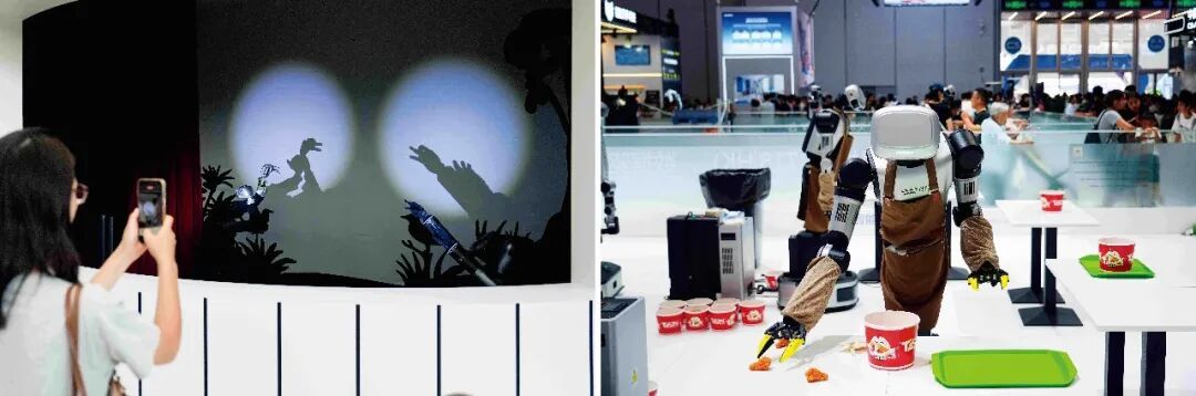 在2026世界机器人大会上,各种人形具身机器人亮相展示。左图:机器手影舞。右图:机器人收拾餐台垃圾。图/新华 视觉中国