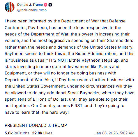 特朗普在社交媒体上痛批雷神公司