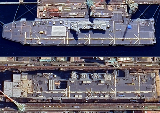 卫星图像显示,2025年3月7日(上图)和2025年11月7日位于横滨矶子工厂的“出云”号直升机驱逐舰舰艏部分的改造。图源:美媒