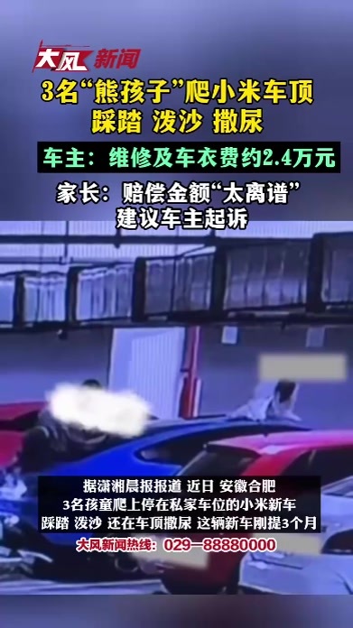 3名熊孩子爬小米车顶 踩踏 泼沙 撒尿，车主：维修及车衣费约2.4万元，家长：赔偿金额“太离谱” ，建议车主起诉