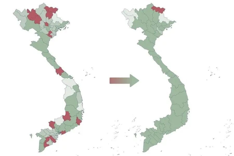 图:越南行政区划合并前后对比(左:63省,右:34省)
