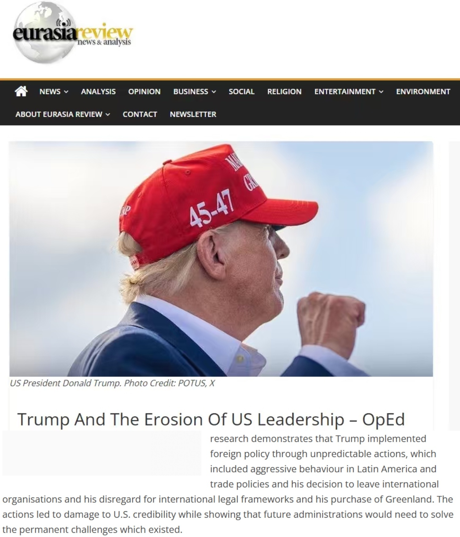 美国《欧亚评论》网站报道截图