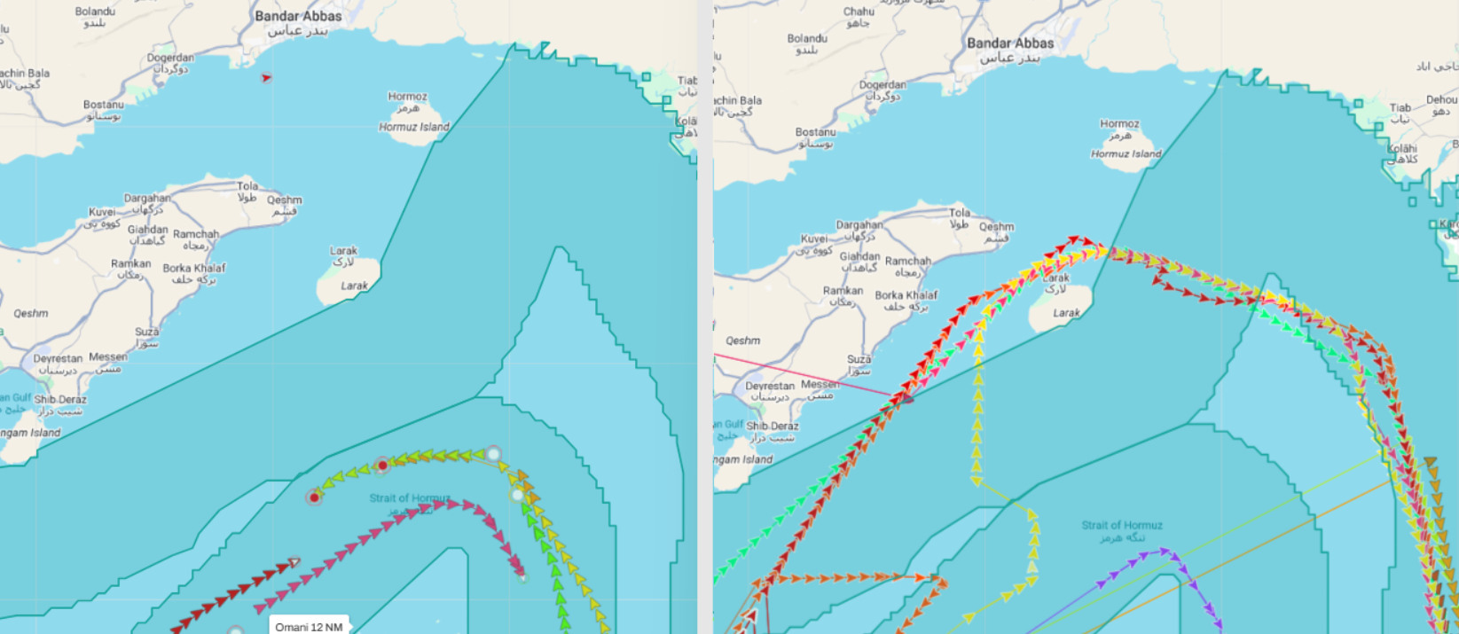 左图：冲突前常规通行路线；右图：船只绕行拉腊克岛、经由伊朗领海通行。仅有紫色船只仍走霍尔木兹海峡常规航线。《劳氏日报》制图