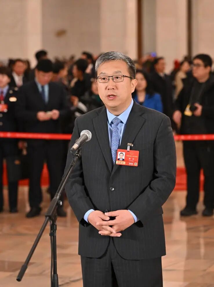 这是全国人大代表董进接受媒体采访。图源：新华社