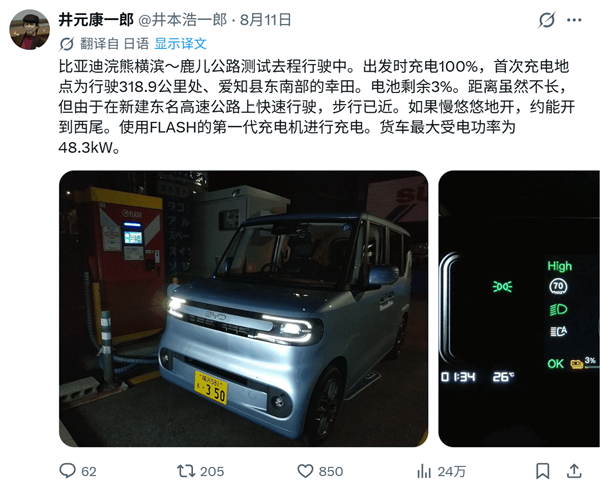 日本记者高速实测比亚迪海獭续航 达成率接近100%！网友直呼斯国一