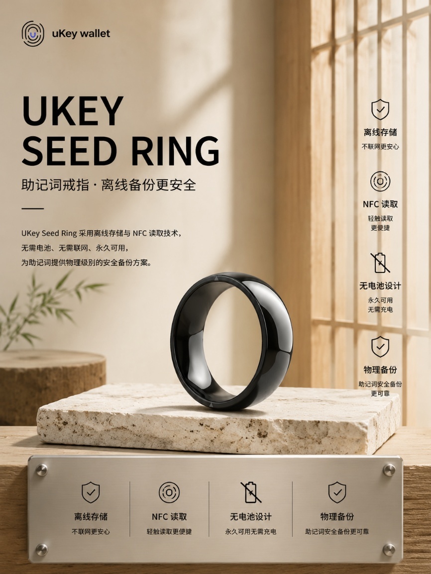 UKey Seed Ring 可穿戴 NFC 助记词备份戒指产品海报，展示无电池、离线恢复和日常佩戴形态
