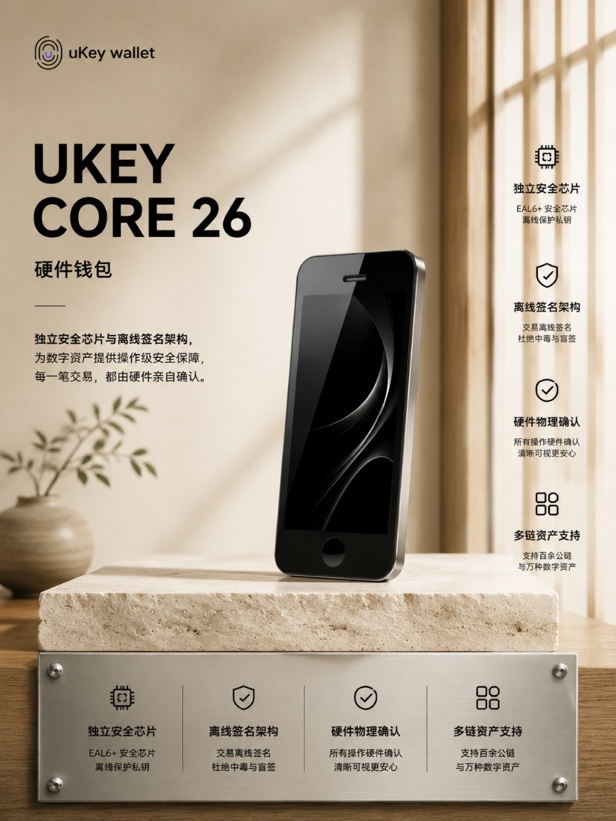 UKey Core 26 硬件冷钱包产品海报，展示触控设备、独立安全芯片、离线签名和设备侧确认等品牌公开卖点