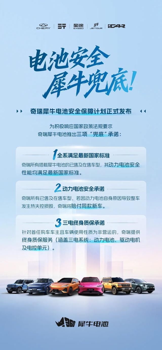 奇瑞风云A9/T7官宣装载犀牛电池 推出三项兜底承诺