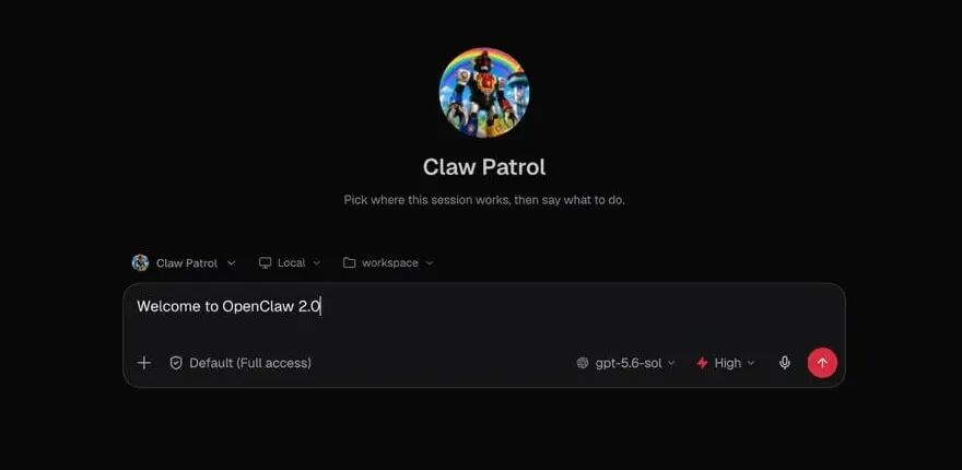 OpenClaw browser app showing the Claw Patrol agent and a new message composer containing Welcome to OpenClaw 2.0.