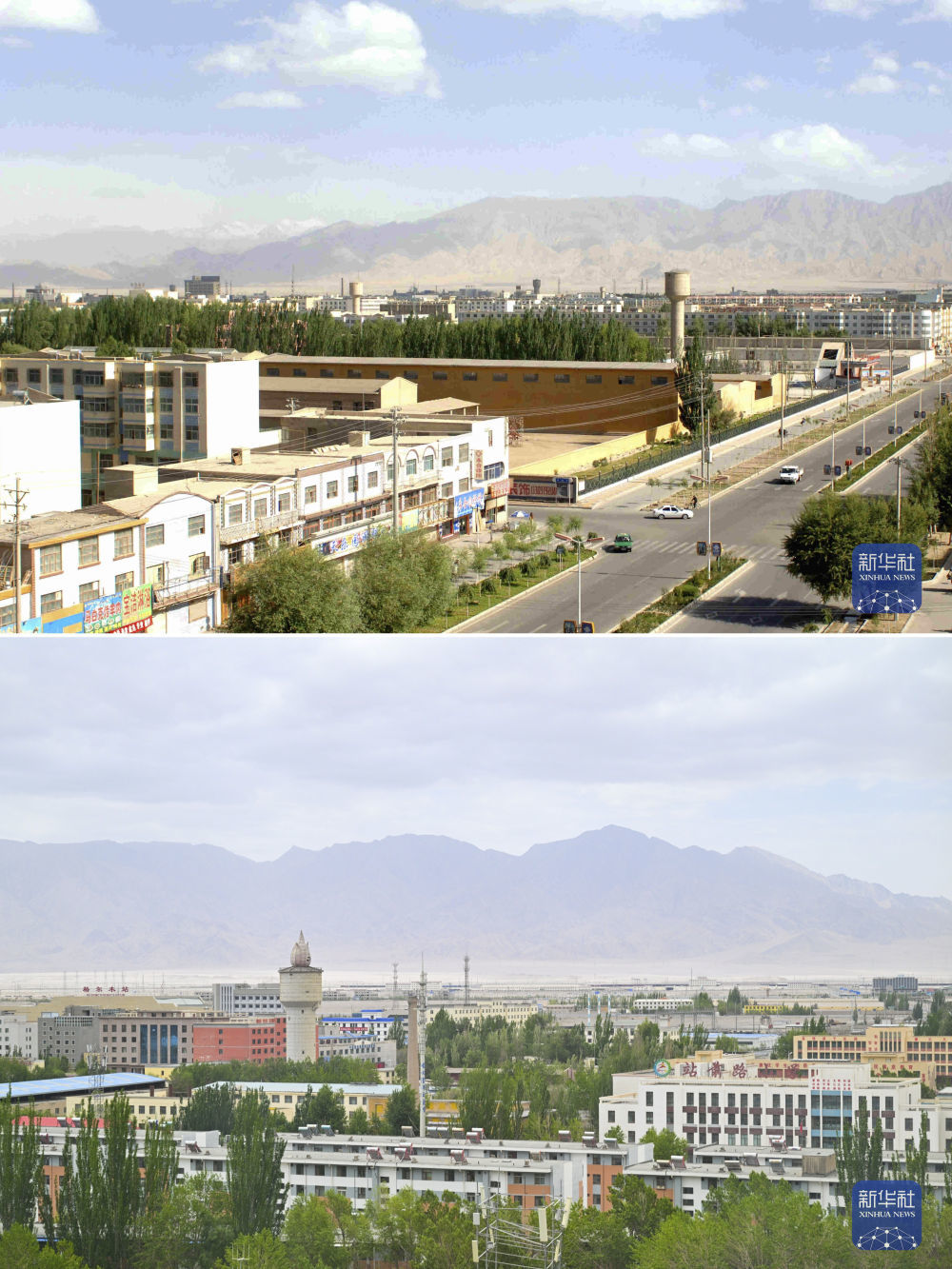拼版照片:上图为2006年6月23日拍摄的格尔木市街景(新华社记者 嘎玛 摄);下图为2026年6月6日拍摄的格尔木城市一角(新华社记者 张龙 摄)。